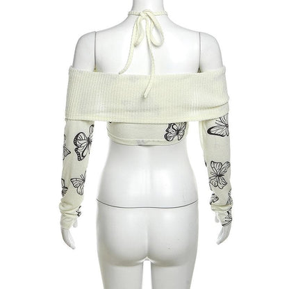 Butterfly print contrast off shoulder halter long sleeve crop top