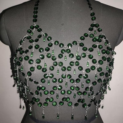 Metal chain plastic crystal halter backless crop top  | Festival Outfits Women