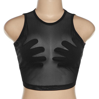 Sheer mesh see through palm embroidered crewneck crop top