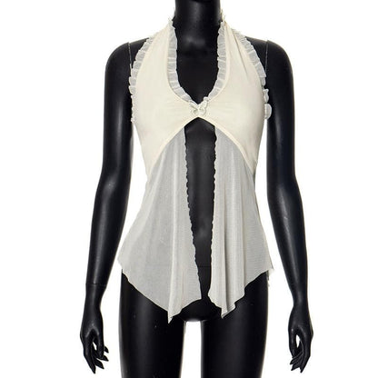 Halter lace hem ruffle butterfly embroidery mesh top  | Festival Outfits Women
