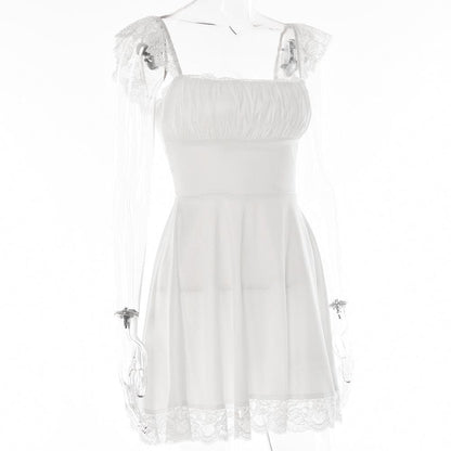 Lace hem solid cap sleeve zip-up ruched lace up mini dress