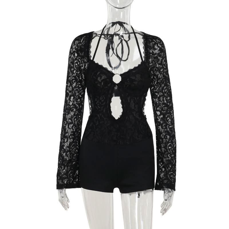 Long sleeve halter self tie lace hollow out romper  | Festival Outfits Women
