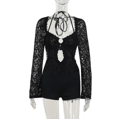 Long sleeve halter self tie lace hollow out romper  | Festival Outfits Women