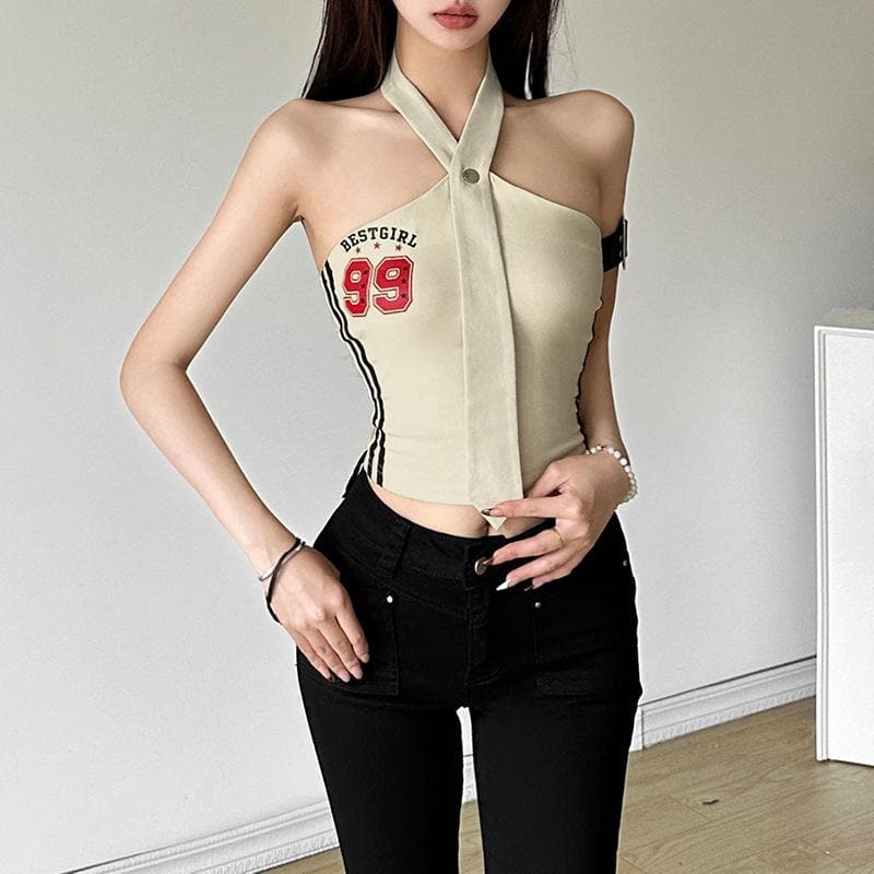 Halter button “99” pattern contrast backless crop top  | Festival Outfits Women
