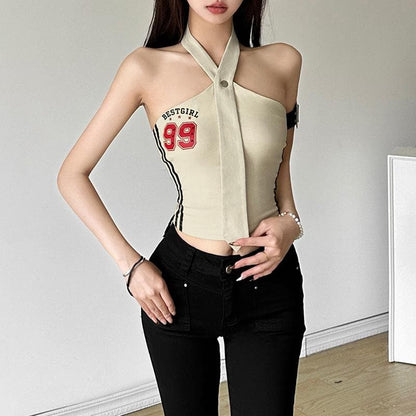Halter button “99” pattern contrast backless crop top  | Festival Outfits Women