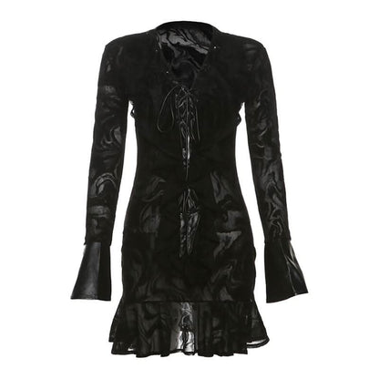 Long sleeve v neck self tie ripple button mini dress  | Festival Outfits Women