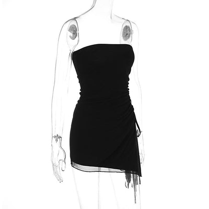 Drawstring ruched mesh irregular tube mini dress  | Festival Outfits Women