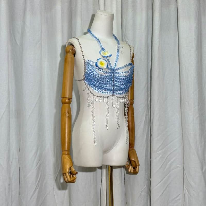 Halter beaded hollow out flower applique cami cut out top  | Festival Outfits Women