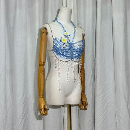 Halter beaded hollow out flower applique cami cut out top  | Festival Outfits Women