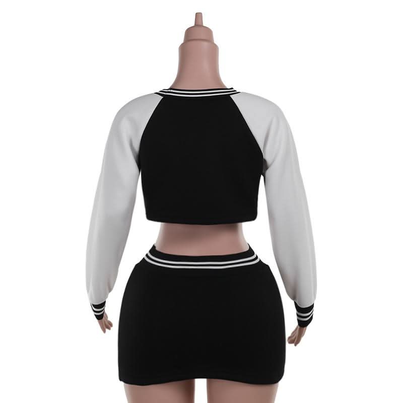 Long sleeve crewneck letter pattern crop mini skirt set  | Festival Outfits Women