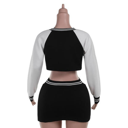 Long sleeve crewneck letter pattern crop mini skirt set  | Festival Outfits Women