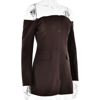 Long sleeve off shoulder button pocket mini dress  | Festival Outfits Women