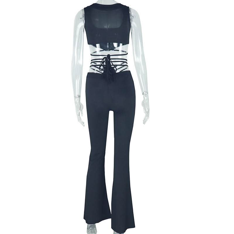 Zip-up self tie ribbed square neck solid pant set  | Festival Outfits Women