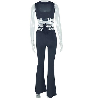 Zip-up self tie ribbed square neck solid pant set  | Festival Outfits Women
