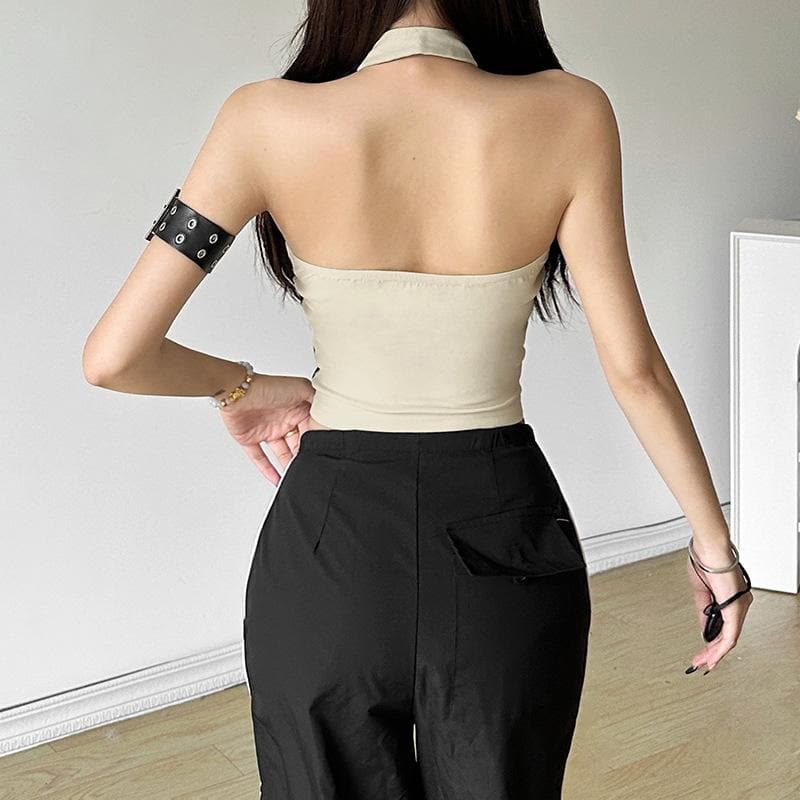 Halter button “99” pattern contrast backless crop top  | Festival Outfits Women
