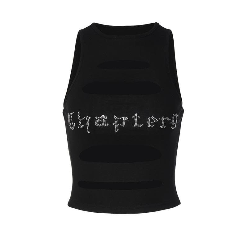 Sleeveless crewneck hollow out beaded contrast crop cut out top