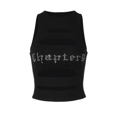 Sleeveless crewneck hollow out beaded contrast crop cut out top
