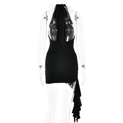 Halter ruched flower applique ruffle mini dress  | Festival Outfits Women