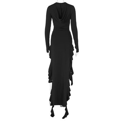 Long sleeve hoodie gloves ruffle maxi dress  | Festival Outfits Women