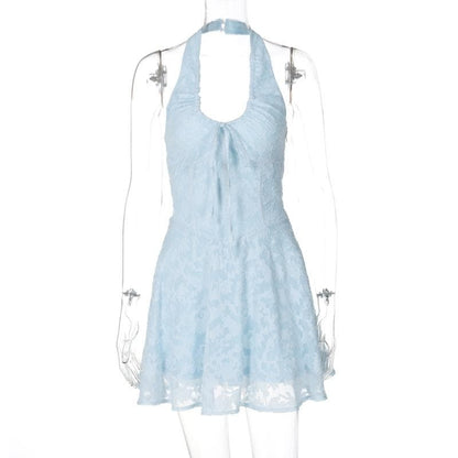 Halter textured knotted ruched button mini dress  | Festival Outfits Women