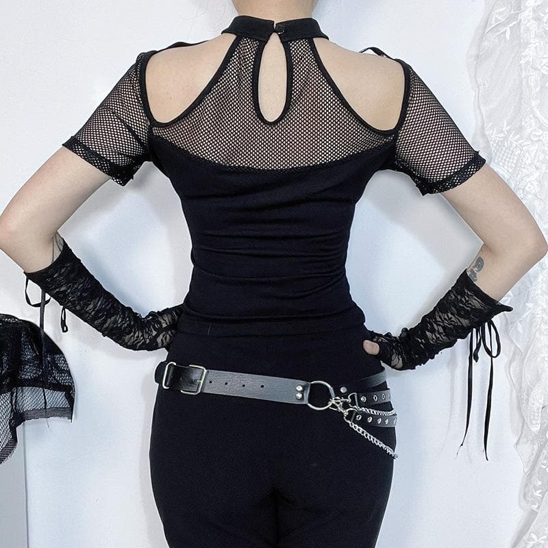 Short sleeve fishnet hollow out patchwork cut out top  | Festival Outfits Women