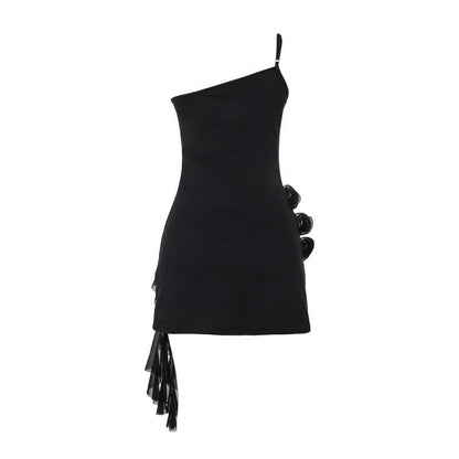 One shoulder ruffle flower applique mini dress  | Festival Outfits Women