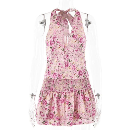 Halter smocked button flower print mini skirt set  | Festival Outfits Women