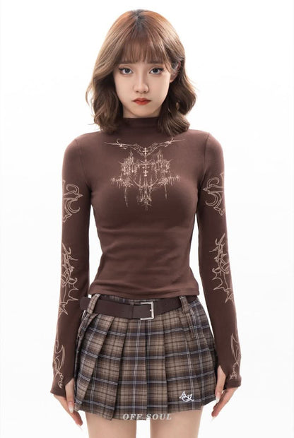 Long sleeve high neck cross print contrast top  | Festival Outfits Women