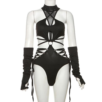 High neck o ring hollow out lace up gloves bodysuit  | Festival Outfits Women