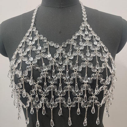Metal chain plastic crystal halter backless crop top  | Festival Outfits Women