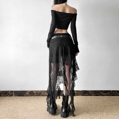 Lace mesh patchwork ruched ruffle midi skirt  | Festival Outfits Women
