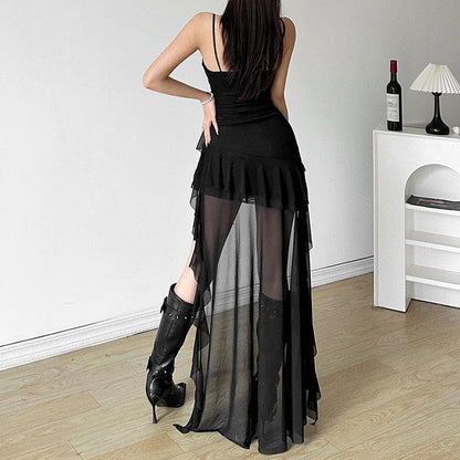 Ruched mesh ruffle sweetheart neck cami maxi dress  | Festival Outfits Women