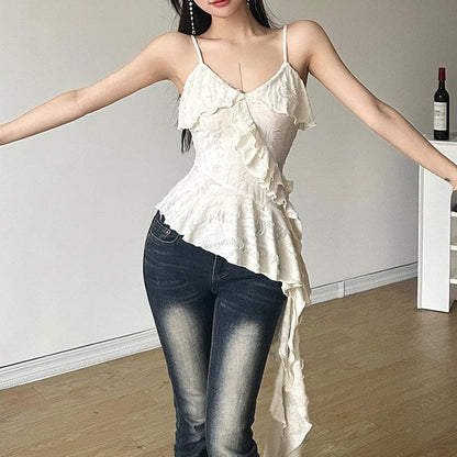 V neck ruffle irregular backless solid cami top  | Festival Outfits Women