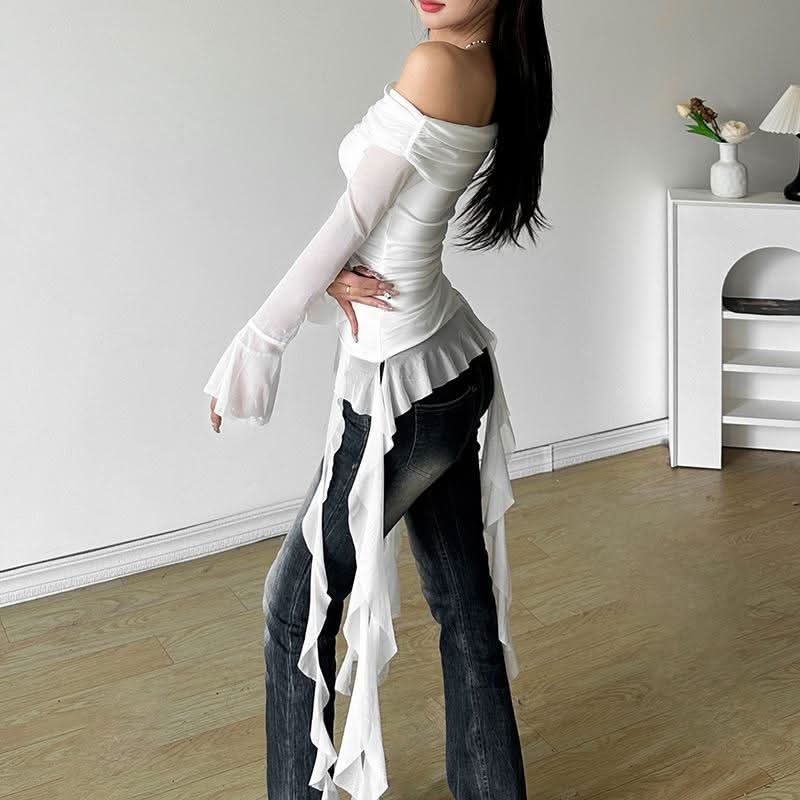 Long flared sleeve off shoulder mesh ruffle solid top  | Festival Outfits Women