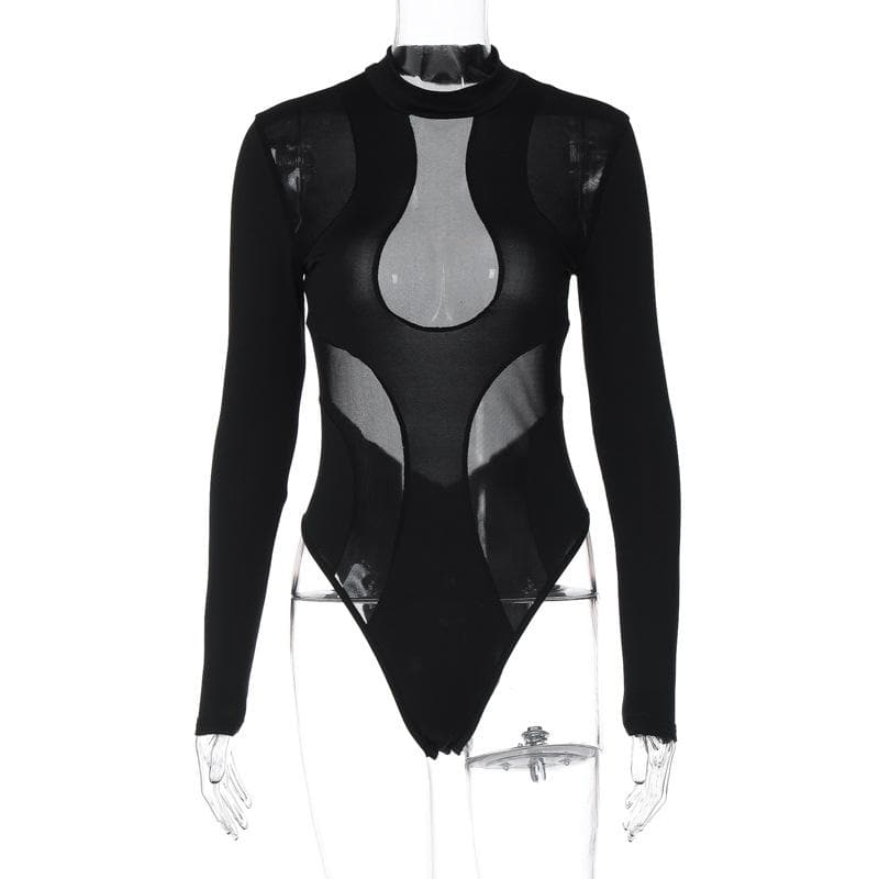 Long sleeve crewneck mesh patchwork bodysuit  | Festival Outfits Women