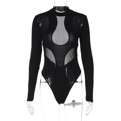 Long sleeve crewneck mesh patchwork bodysuit  | Festival Outfits Women