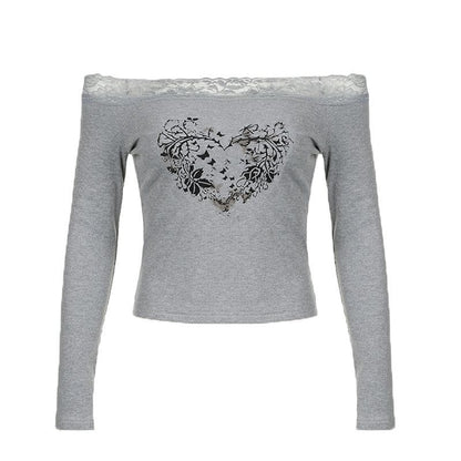 Long sleeve off shoulder ribbed heart pattern lace hem top  | Festival Outfits Women