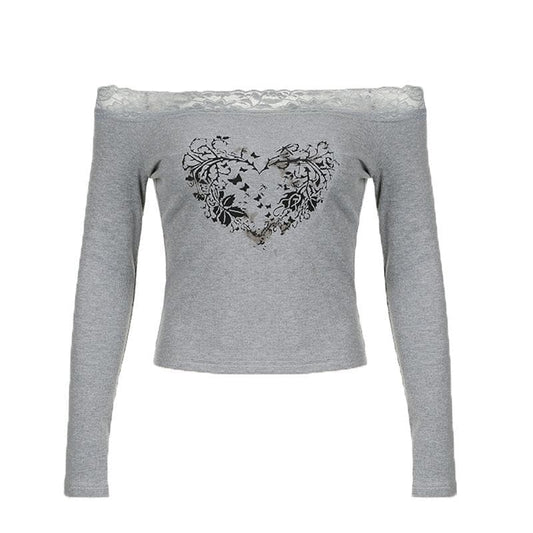 Long sleeve off shoulder ribbed heart pattern lace hem top  | Festival Outfits Women