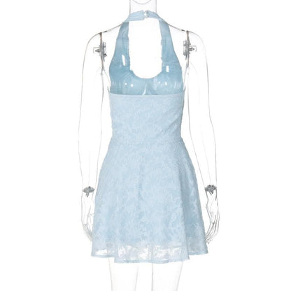 Halter textured knotted ruched button mini dress  | Festival Outfits Women