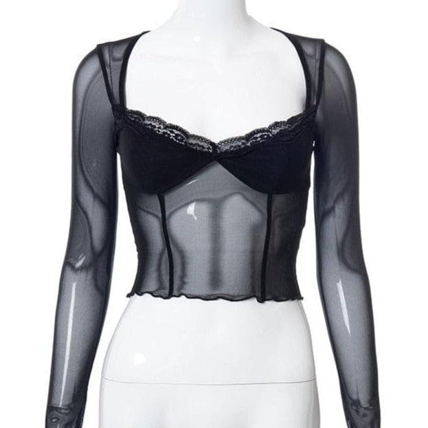 Hem lace ruffled long sleeve mesh crop top | Mesh Long Sleeve Crop Top