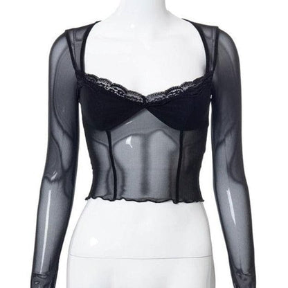 Hem lace ruffled long sleeve mesh crop top | Mesh Long Sleeve Crop Top