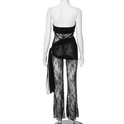 Lace see through solid self tie irregular backless tube jumpsuit  | Festival Outfits Women