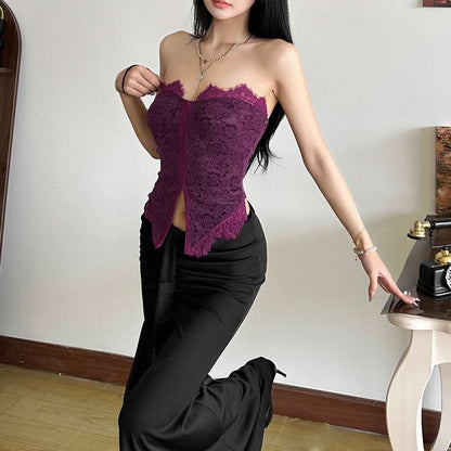 Lace hem slit backless solid tube top  | Festival Outfits Women