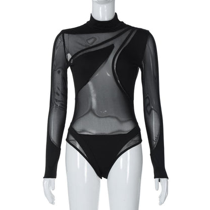 Long sleeve high neck mesh patchwork irregular bodysuit  | Festival Outfits Women