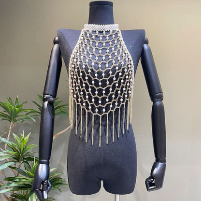 Halter metal chain beaded tassels backless hollow out cut out top  | Festival Outfits Women