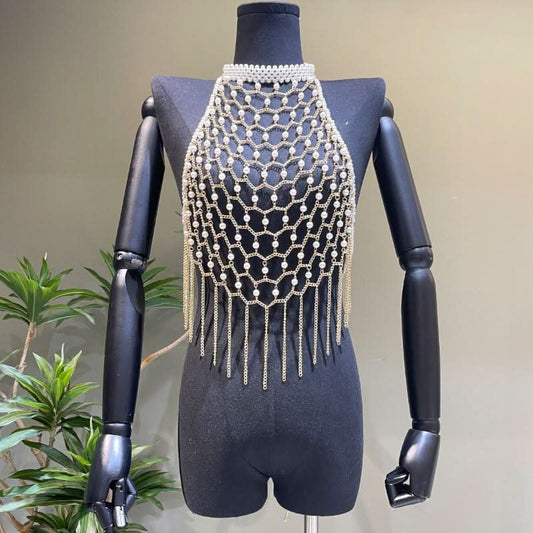 Halter metal chain beaded tassels backless hollow out cut out top  | Festival Outfits Women