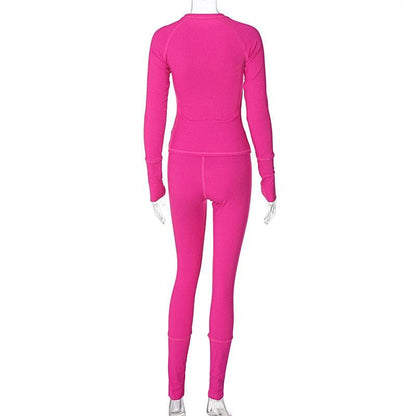 Ribbed solid long sleeve stitch crewneck pant set  | Festival Outfits Women