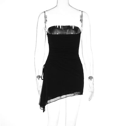 Drawstring ruched mesh irregular tube mini dress  | Festival Outfits Women