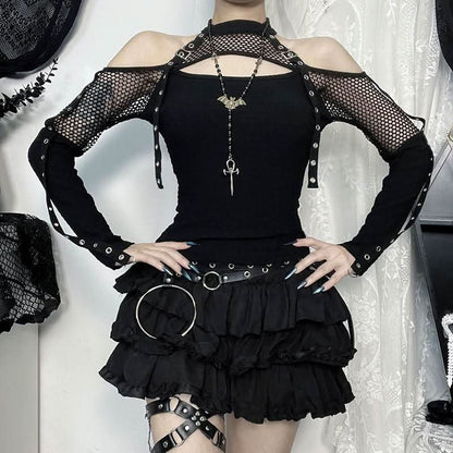 Off shoulder long sleeve fishnet patchwork buckle top  | Festival Outfits Women