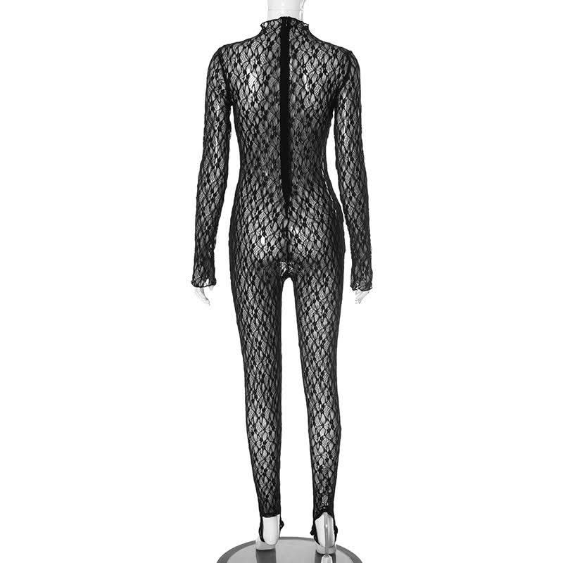 Long sleeve lace high neck zip-up see through jumpsuit  | Festival Outfits Women